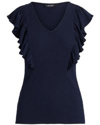 Ralph Lauren - Blaues rüschen v-ausschnitt baumwoll t-shirt - Lyst