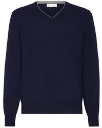 Brunello Cucinelli - Blauwe Cashmere V-Hals Trui - Lyst