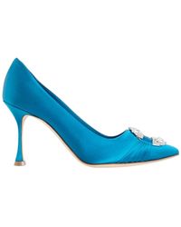 Manolo Blahnik - Zapatos de tacón azul de satén con hebilla de joya - Lyst