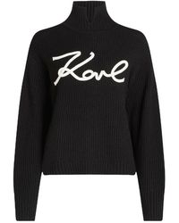 KARL LAGERFELD - Truien & Vesten ,Zwart ,Wol Soutache Signature Grof Gebreide Col - Lyst