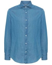 Brunello Cucinelli - Blaues baumwoll-chambray-hemd mit kragen - Lyst