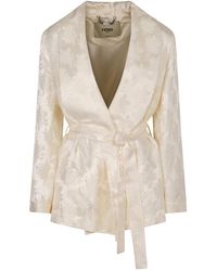 Fendi - Jassen ,Wit ,Zijden Jacquard Jas Met Taille Riem - Lyst