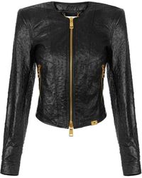 Elisabetta Franchi - Jassen ,Zwart ,Leer Leren Jas Met Struisvogeltextuur - Lyst