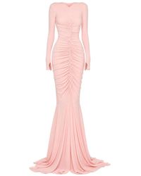 Norma Kamali - Kleedjes ,Roze ,Lange Jurk Met V-Hals, Gerimpelde Voorkant En Fishtail-Zoom - Lyst