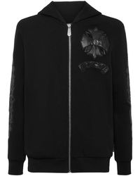 Philipp Plein - Hoodies & Sweatvesten ,Zwart ,Katoen Zip Hoodie Met Leren Inzetstukken Chrome Crest - Lyst