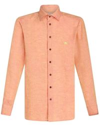Etro - Camicia in lino arancione con ricamo pegaso - Lyst
