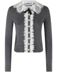 Self-Portrait - Truien & Vesten ,Grijs ,Wol Gebreide Cardigan Met Kanten Kraag - Lyst