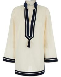 Tory Burch - Overhemden ,Wit ,Katoen Kaftan Met Contrasterende Details En Kwast - Lyst