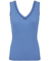 P.A.R.O.S.H. - P.A.R.O..H. ,Tops ,Blauw ,Tule Cipria V-Hals Geribbelde Top Met Tule & Kralen - Lyst