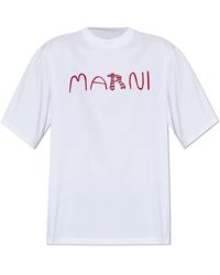Marni - Tops ,Wit ,Katoen Wit Katoenen T-Shirt Met Gevlokt Dierenalfabet-Logo - Lyst
