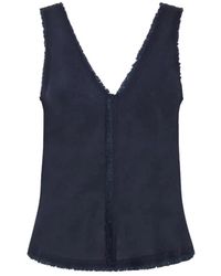 P.A.R.O.S.H. - P.A.R.O..H. ,Tops ,Blauw ,Linnen Linnen Top Zonder Mouwen Met V-Hals En Franjes - Lyst