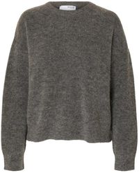 SELECTED - Truien & Vesten ,Grijs ,Wol Zachte Gebreide O-Hals Trui - Lyst