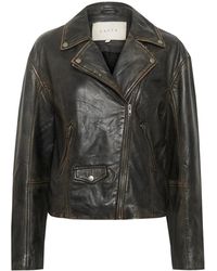 Kaffe - Schwarze Gewaschene Lederjacke Asymmetrischer Reißverschluss - Lyst