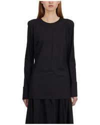 Thelatest - Overhemden ,Zwart ,Katoen Katoenen Blouse Met Ronde Hals - Lyst