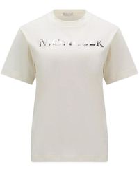 Moncler - T-shirt e polo bianche a coste con logo in paillettes - Lyst