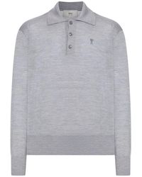 Ami Paris - Tops ,Grijs ,Wol Grijze Wollen Polo Met Geborduurd Detail - Lyst
