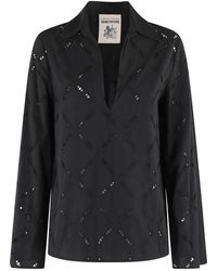 Semicouture - Schwarze Baumwoll Bestickte V-Ausschnitt Bluse - Lyst