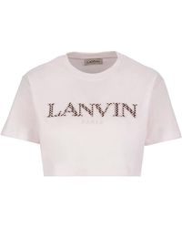 Lanvin - Magliette crop rosa in cotone con logo ricamato - Lyst