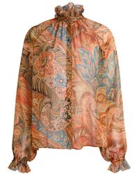 Etro - Overhemden ,Veelkleurig ,Chiffon Zijden Blouse Met Ruches En Paisley-Motief - Lyst