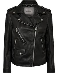 Mos Mosh - Jassen ,Zwart ,Leer Zwarte Bikerjas Met Ritsdetails - Lyst
