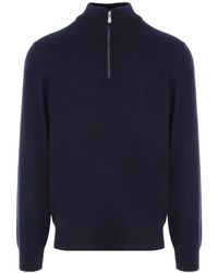 Brunello Cucinelli - Truien & Vesten ,Blauw ,Nylon Cashmere Trui Met Halve Rits - Lyst