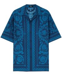 Versace - Overhemden ,Blauw ,Printed Silk Twill Slim Shirt - Lyst