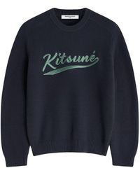 Maison Kitsuné - Truien & Vesten ,Blauw ,Katoen Kitsune Varsity Geborduurd Mesh Trui - Lyst