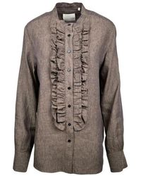 Xacus - Overhemden ,Bruin ,Linnen Bruine Linnen Regular Shirt Met Mandarin Kraag - Lyst