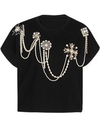 Balmain - Tops ,Zwart ,Katoen Katoenen T-Shirt Met Korte Mouwen En Gouden Borduursel - Lyst
