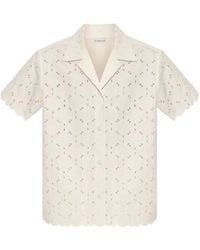 Moncler - Overhemden ,Wit ,Katoen Geborduurde Katoenen Shirt Met Korte Mouwen - Lyst