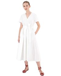 Max Mara - Kleedjes ,Wit ,Katoen Midi Jurk Met Ceintuur - Lyst