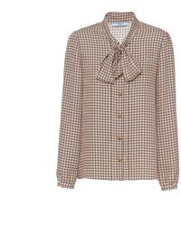 Prada - Overhemden ,Veelkleurig ,Zijden Bruine Blouse Met Strik Kraag - Lyst
