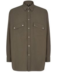 Fendi - Overhemden ,Groen ,Wol Wollen Overhemd Met Logo-Knopen - Lyst