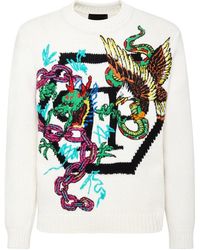 Philipp Plein - Truien & Vesten ,Wit ,Wol Wool Cotton Pullover Ronde Hals Ls Tattoo Patches - Lyst
