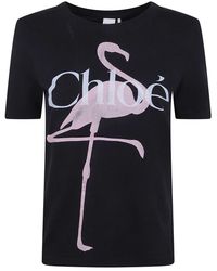 Chloé - Tops ,Zwart ,Katoen Classic T-Shirt Met Flamingo Print - Lyst