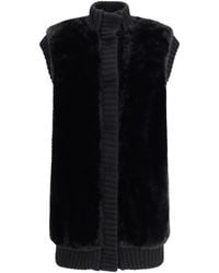 Pinko - Jassen ,Zwart ,Wol Imitatiebont Lange Vest Geribbelde Gebreid - Lyst