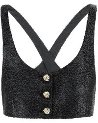Ganni Metallic Tweed Cropped Top With Embossed Buttons - Black