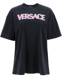 Versace Bustier-effect T-shirt With Embroidered Slogan in Black | Lyst