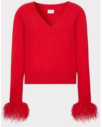 MILLY - Feather Cuff V-neck Sweater - Lyst