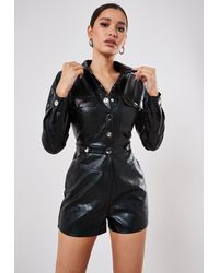 Missguided Faux Leather Utility Playsuit - Black