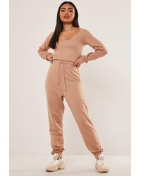 Missguided Tall Camel Scoop Neck Long Sleeve Jogger Jumpsuit - Natural