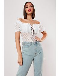 Missguided White Bardot Milkmaid Lace Up Crohet Trim Bodysuit