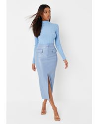 Missguided Faux Leather Pocket Detail Midi Skirt - Blue