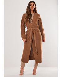 Missguided Tan Ribbed Shawl Collar Belted Cardigan - Brown
