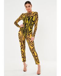 Missguided Zebra Print Mesh Long Sleeve Unitard Playsuit - Yellow