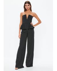 Missguided Black Pinstripe Peplum V Bar Jumpsuit