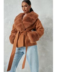 Missguided Faux Fur Trim Belted Formal Coat - Brown