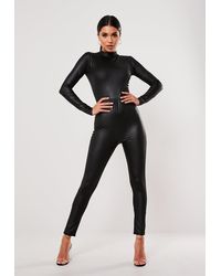 Missguided Black Wet Look High Neck Unitard