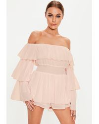 Missguided Blush Ruffle Bardot Romper - Pink