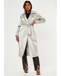 Missguided Silver Metallic Belted Trench Coat